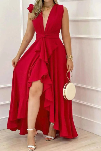 Ruffled Plunge Maxi Dress – Bold & Beautiful Edition