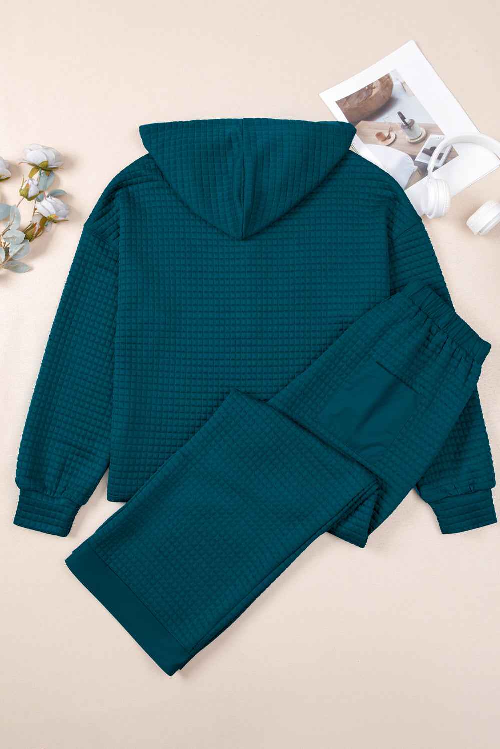 Waffle Textured Patchwork Hooded Top and Pants Set
