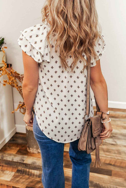 Aria Boho Pattern Ruffled Sleeve V Neck Buttoned Blouse