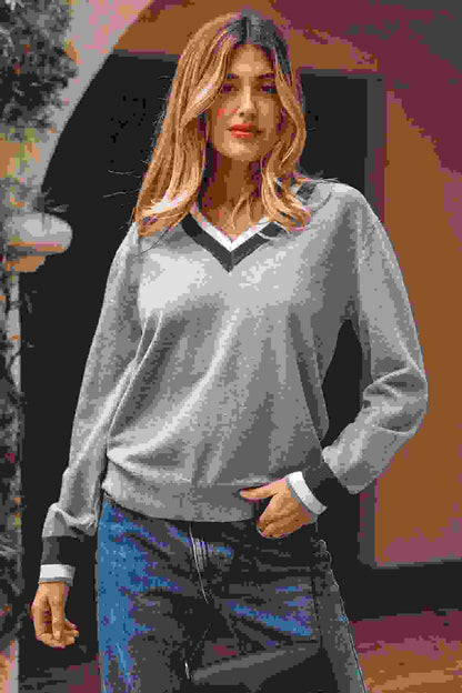 Varsity Stripe Contrast Trim V-Neck Sweater
