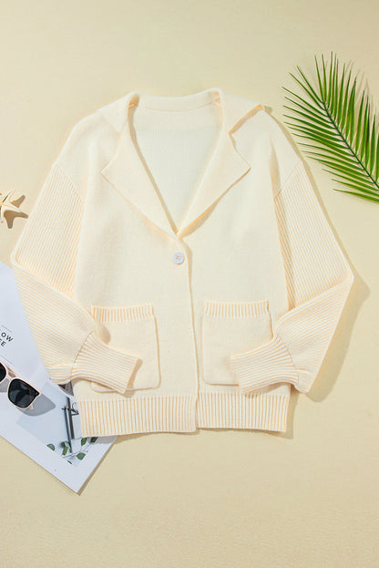 Solid Lapel Collar Single Button Sweater Cardigan