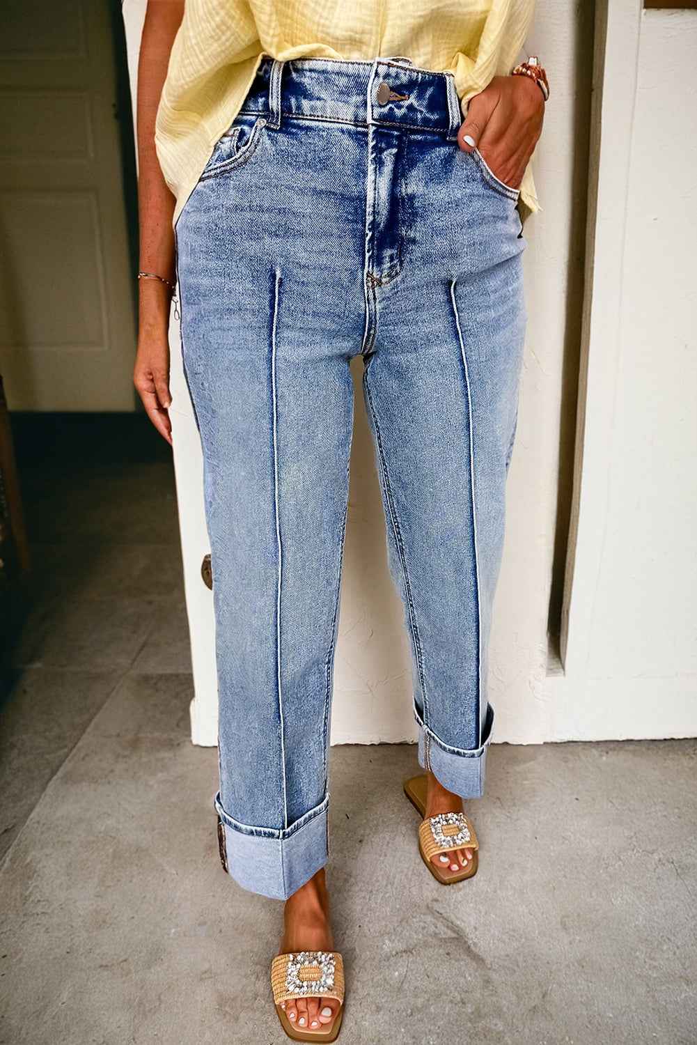 Solid Center-Seam High Waist Straight Jeans