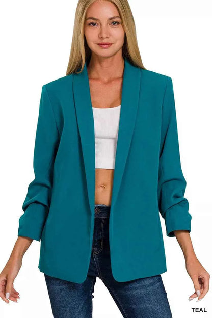 Zenana Woven 3/4 Ruched Sleeve Open Front Classic Blazer