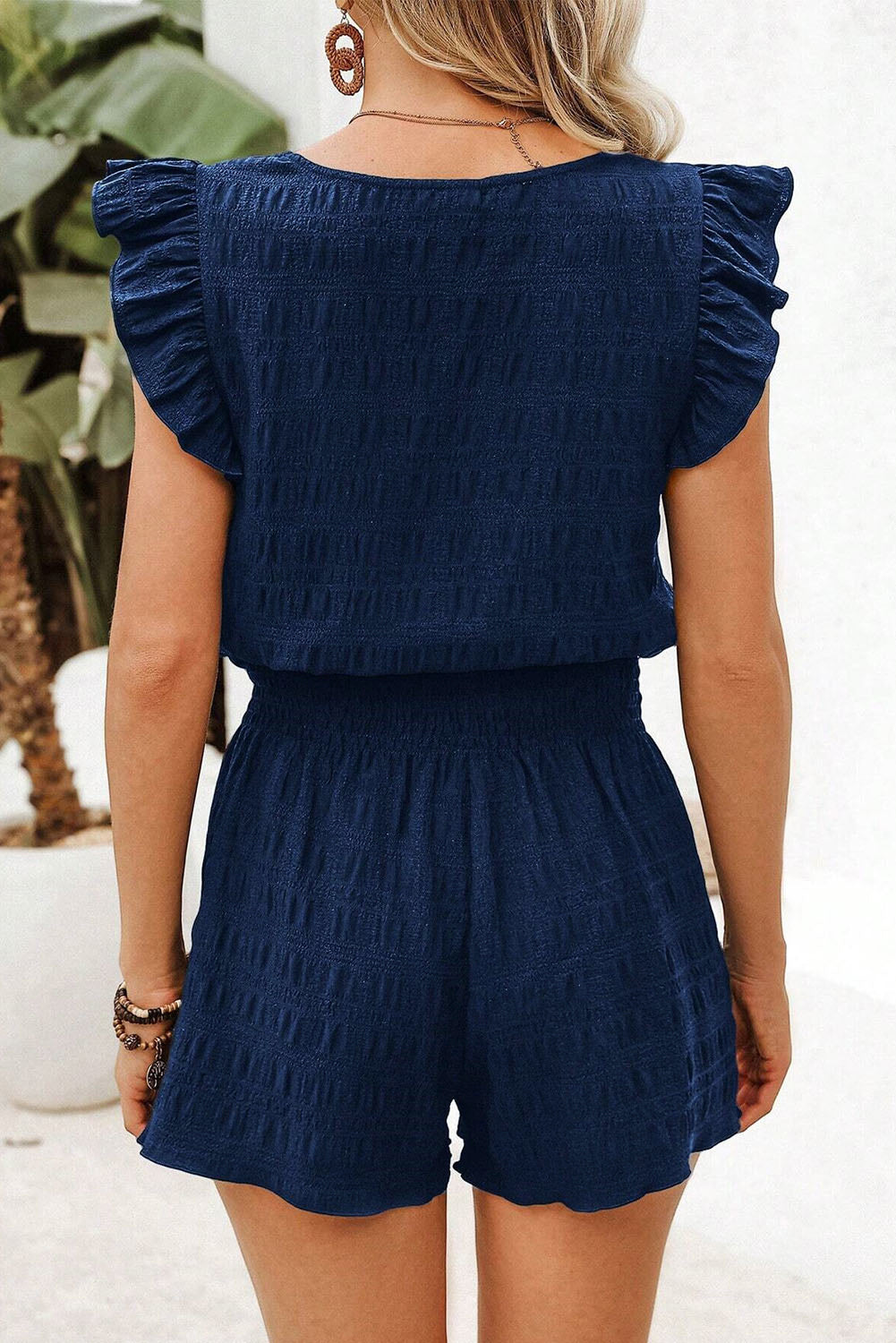 Textured Square Neck Top & Shirred High Waist Shorts Set – Two-Piece