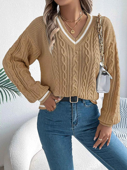 V-Neck Cable Knit Long Sleeve Sweater