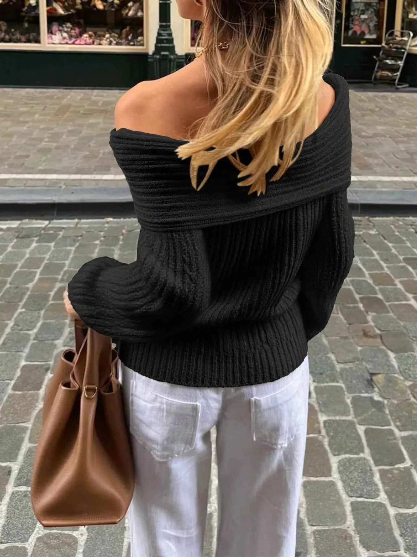 Off-Shoulder Ribbed Knit Sweater