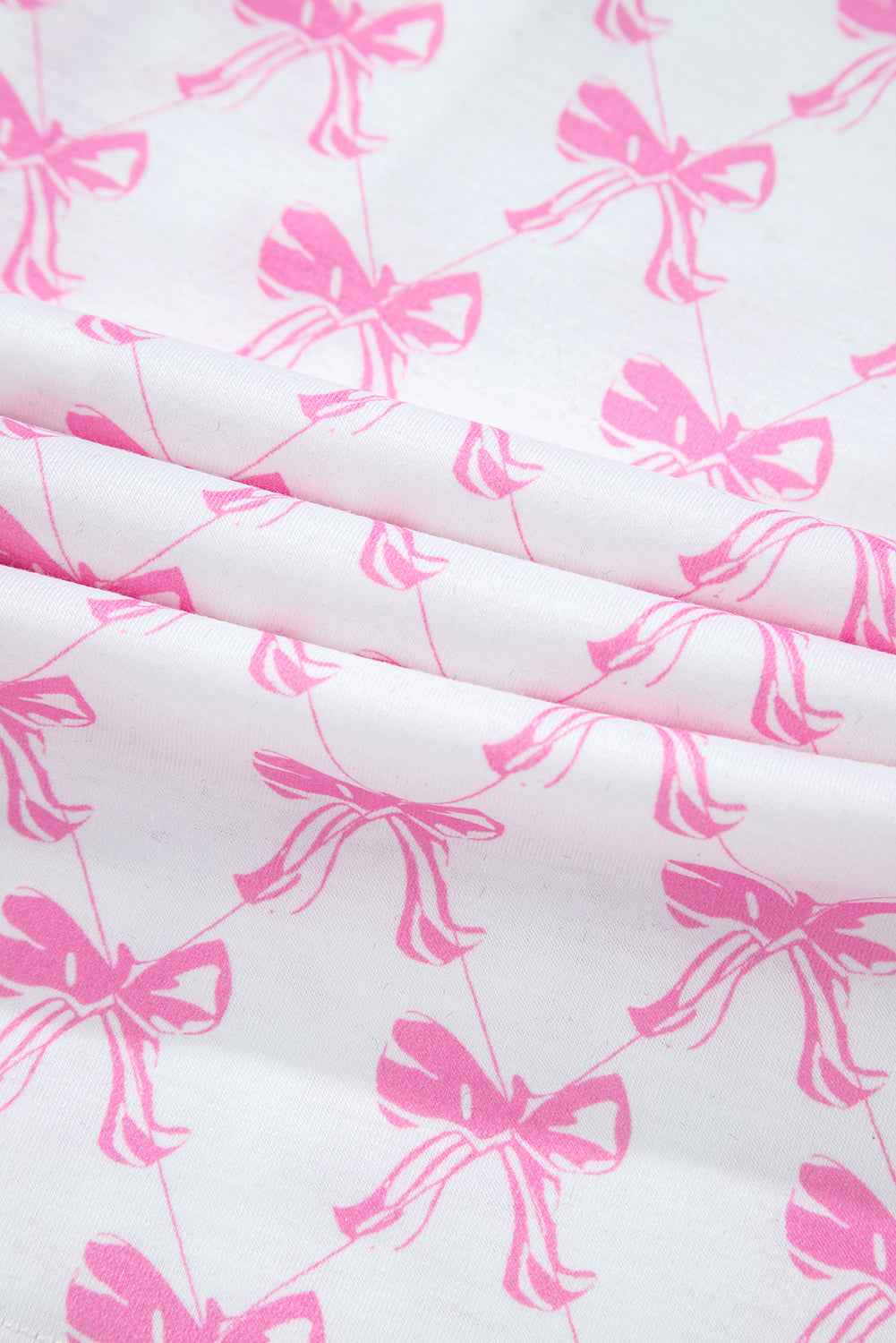 Pink Bowknot Print Shirt and Ruffle Hem Pajamas