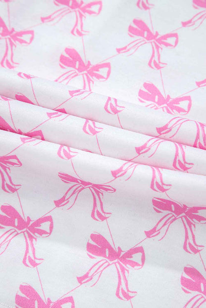 Pink Bowknot Print Shirt and Ruffle Hem Pajamas