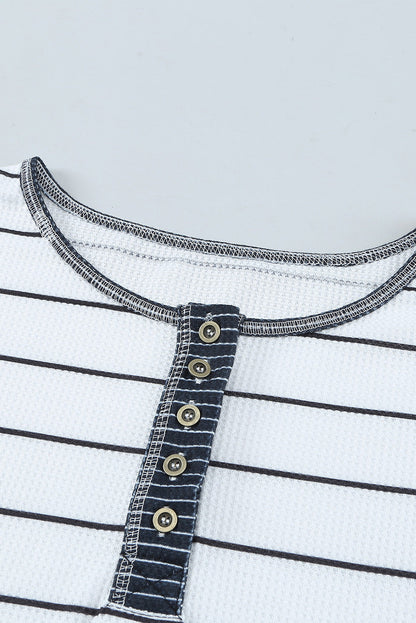 Stripe Waffle Knit Buttoned Henley Top