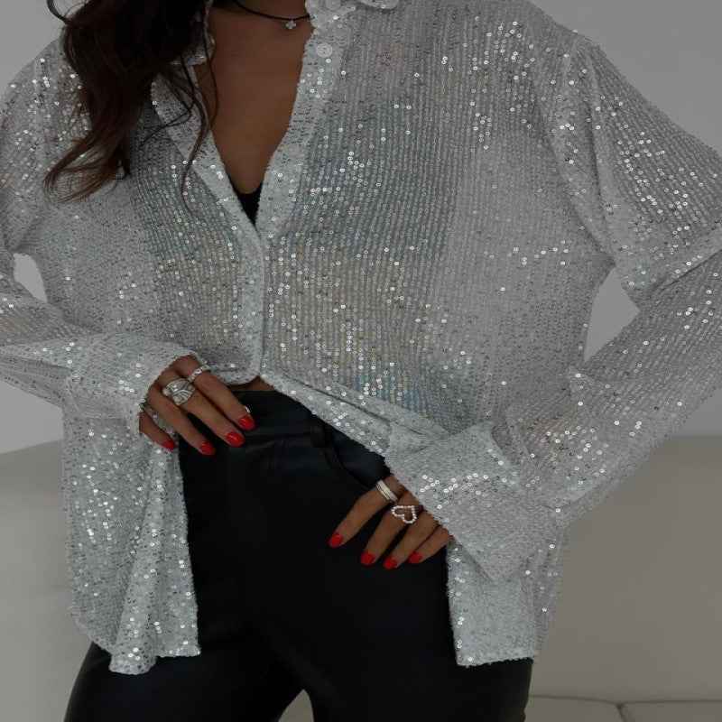 Elegant Women's Sequin Shirt - Stylish Long Sleeve Button-Up Blouse With Glitter Details, Perfect For Party & Casual To Formal Wear