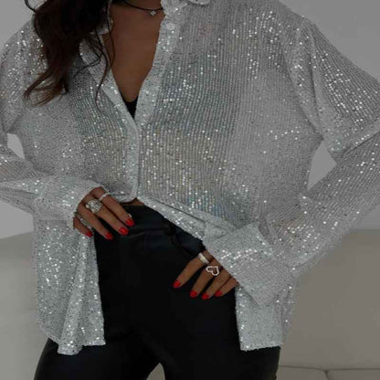Elegant Women's Sequin Shirt - Stylish Long Sleeve Button-Up Blouse With Glitter Details, Perfect For Party & Casual To Formal Wear