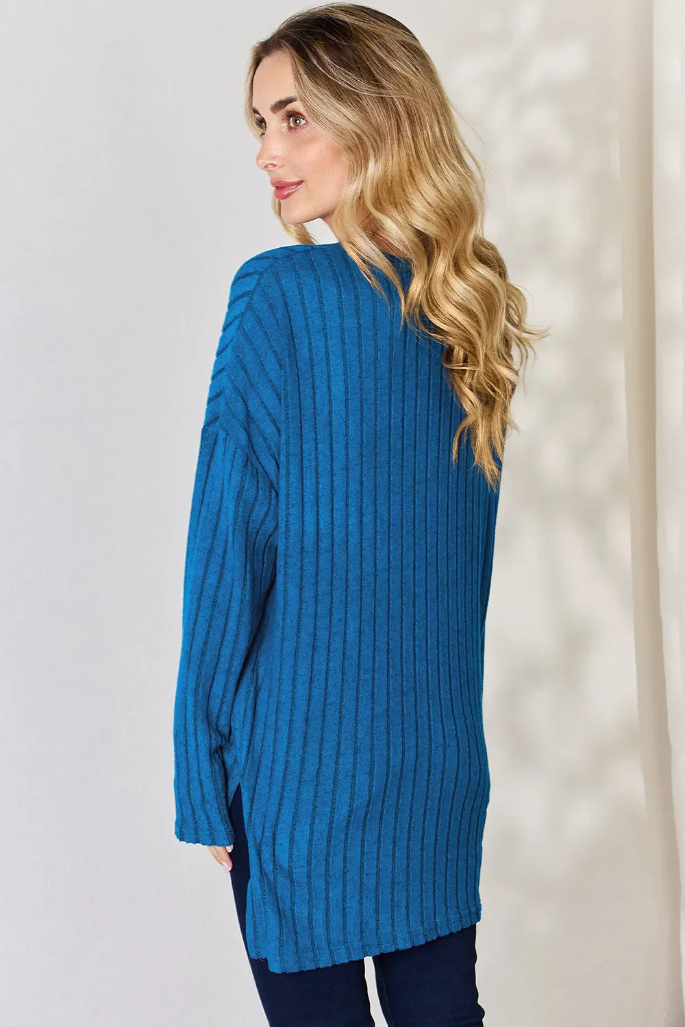 Basic Bae Full Size Ribbed Half Button Long Sleeve High-Low Women's T-Shirt - The Eggy's store