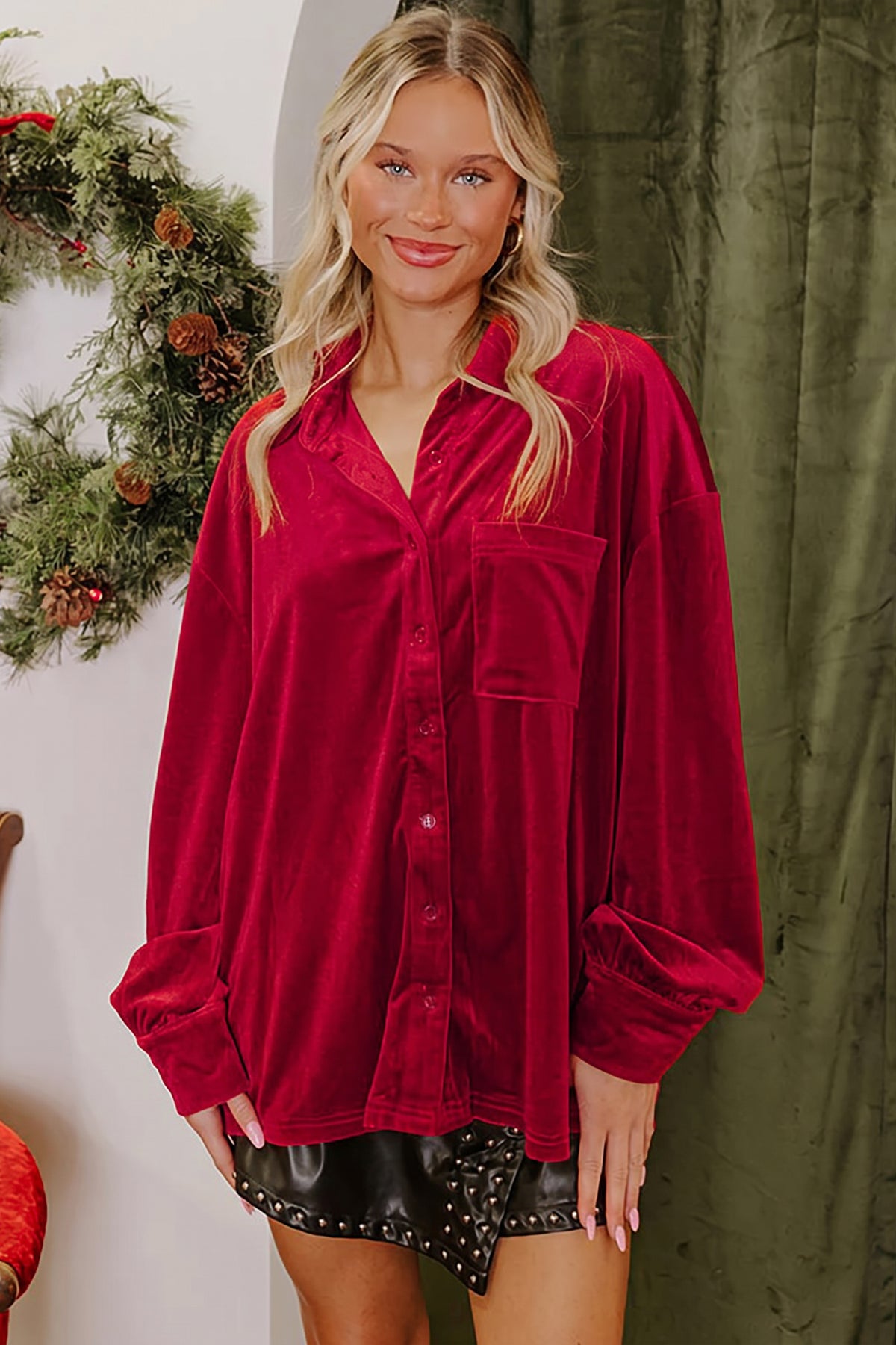 Fiery Red Soft Velvet Patch Pocket Button Down Loose Blouse