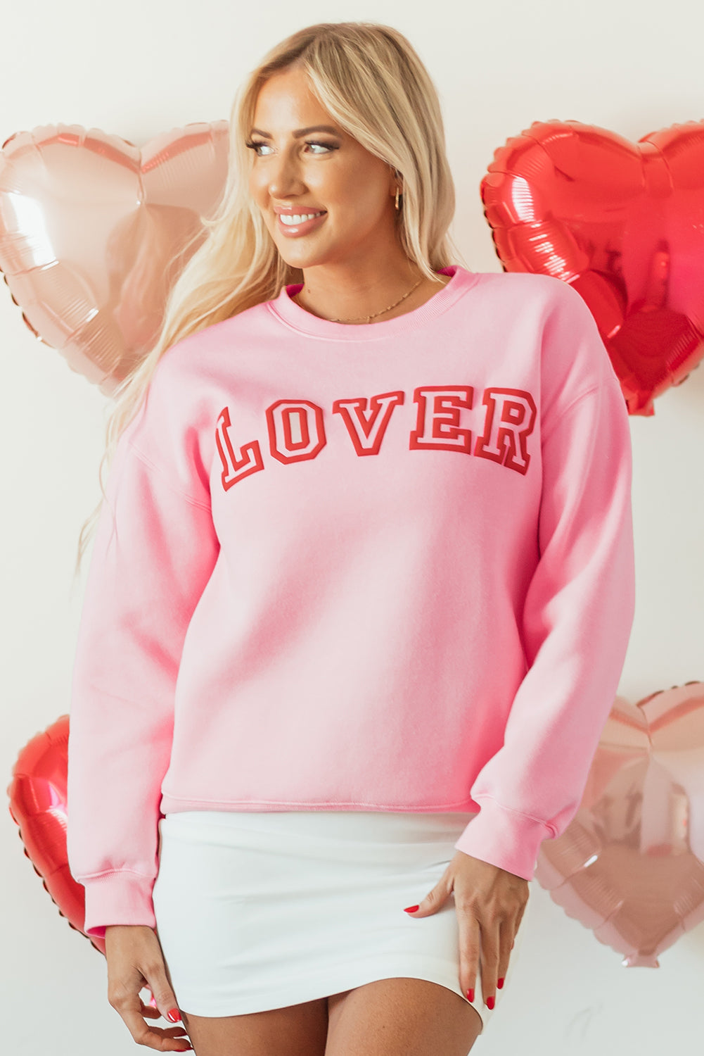 Pink LOVER Puff Print Drop Shoulder Pullover Women's Sweatshirt