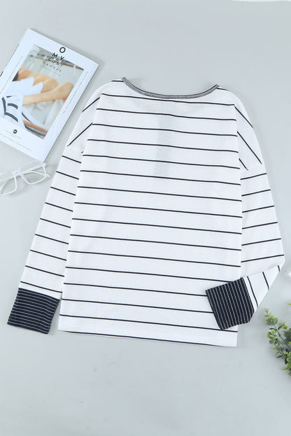 Stripe Waffle Knit Buttoned Henley Top