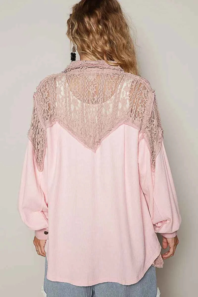 POL Lace Patchwork Button Up Shacket