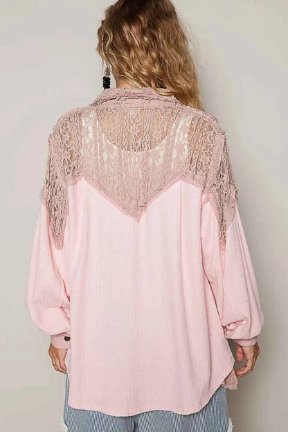 POL Lace Patchwork Button Up Shacket