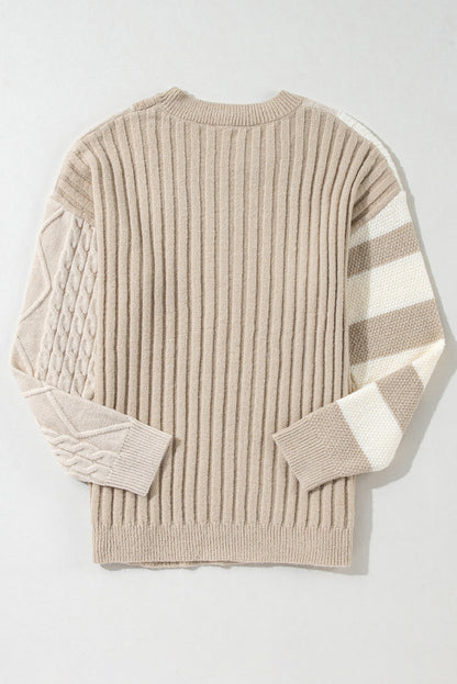 Khaki Cable Knit Colorblock Crew Neck Drop Shoulder Sweater - The Eggy's store