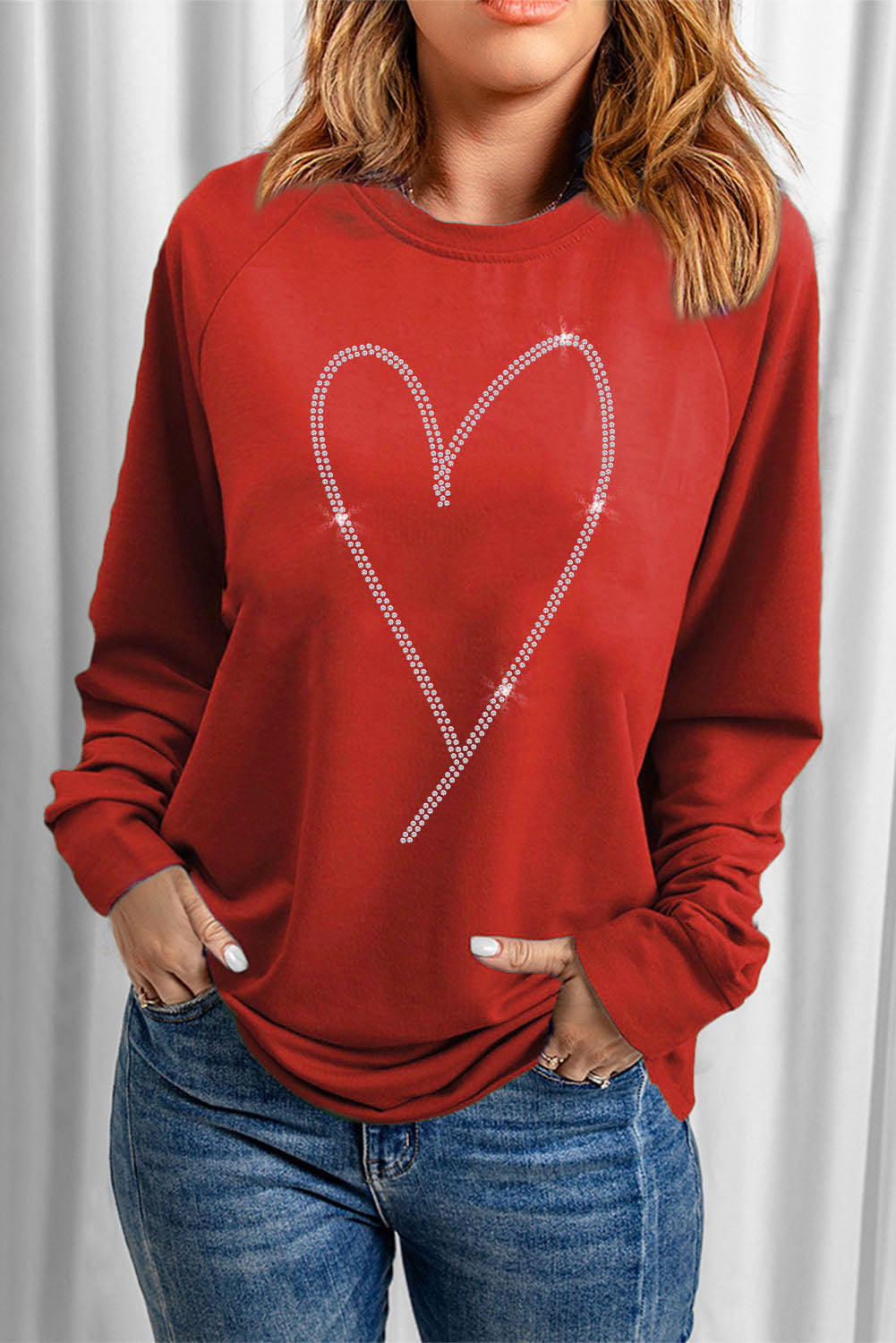 Fiery Red Rhinestone Heart Shaped Long Sleeve Women's Sweatshirt