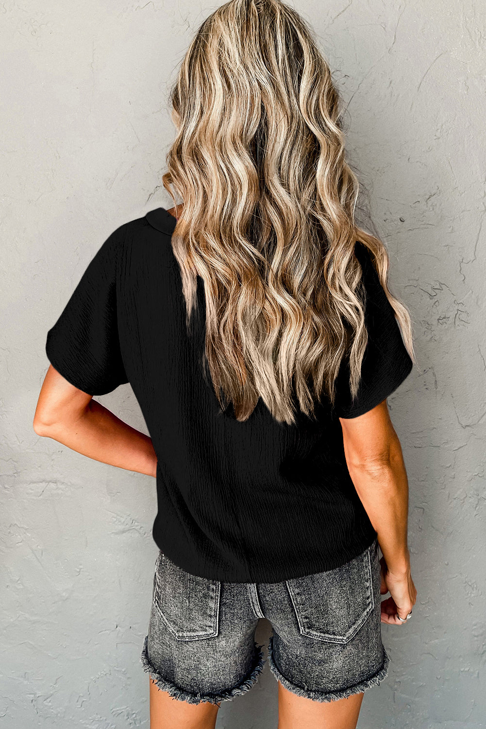 Crinkled V-Neck Wide Sleeve Women's T-Shirt