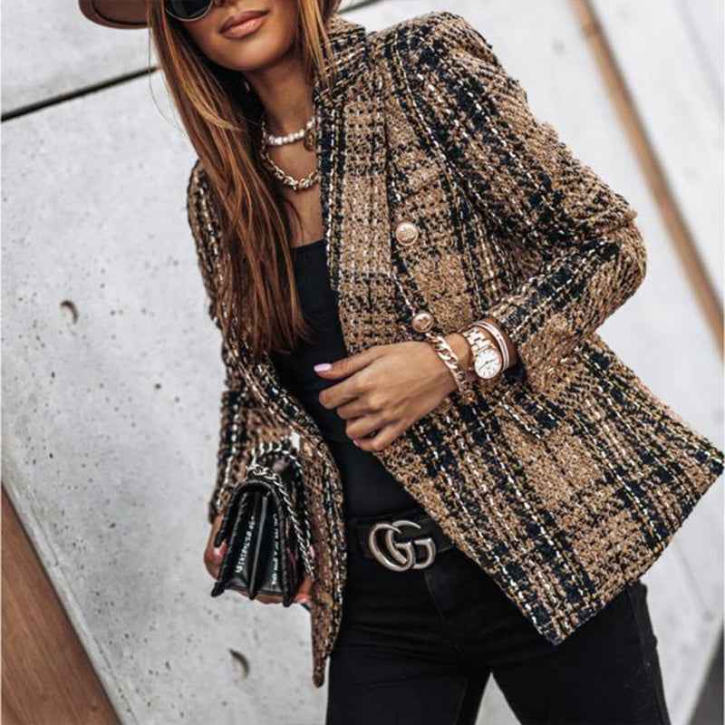 Women's Elegant Checkered Long Sleeve Blazer - Double-Breasted Printed Trench Coat For Fall&Winter, Office & Casual Jacket