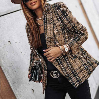 Women's Elegant Checkered Long Sleeve Blazer - Double-Breasted Printed Trench Coat For Fall&Winter, Office & Casual Jacket
