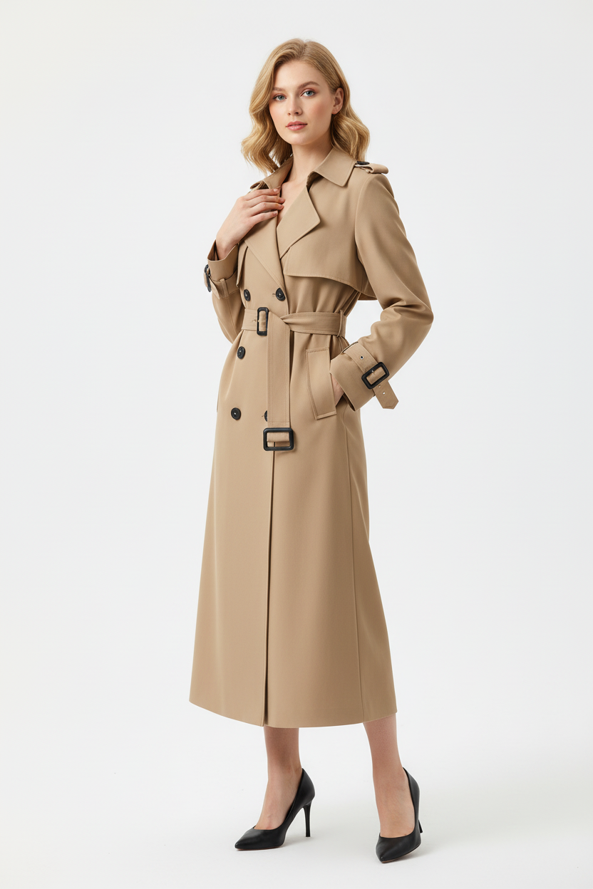 Women's Classic Trench Coat, Solid Color Long Sleeve Belted Mid-Length