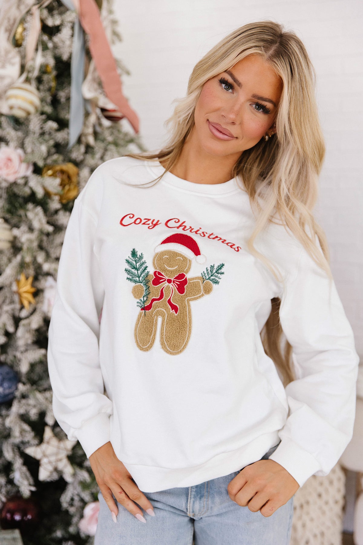 White Gingerbread Embroidered Christmas Sweatshirt