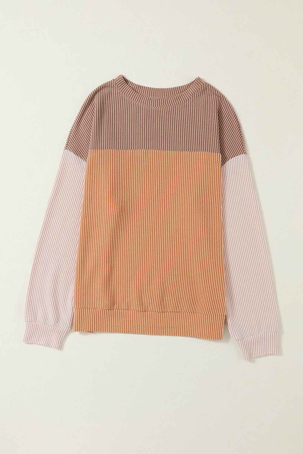 Khaki Color Block Ribbed Loose Long Sleeve Women's Top