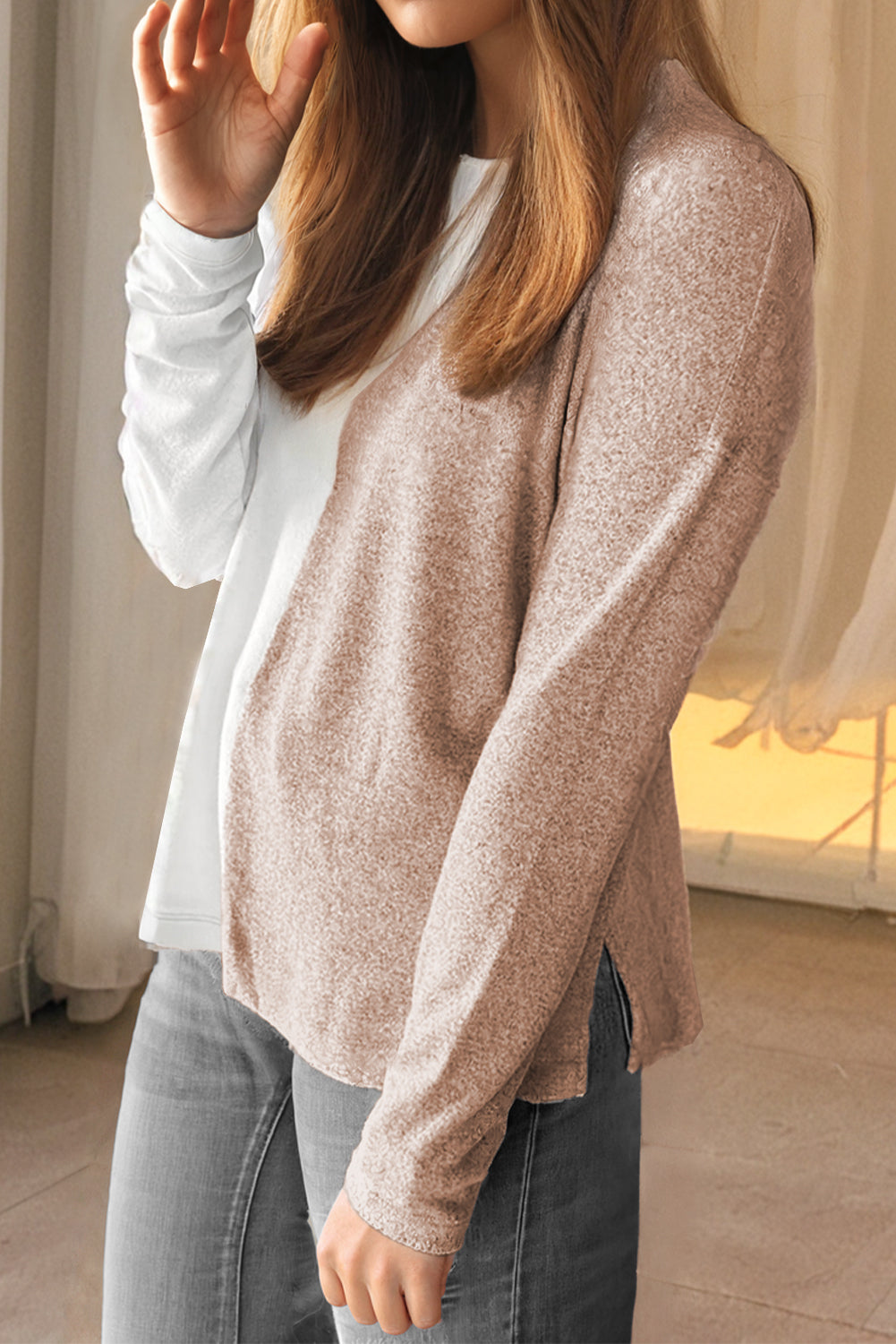 Khaki Colorblock Long Sleeve Crew Neck Sweater