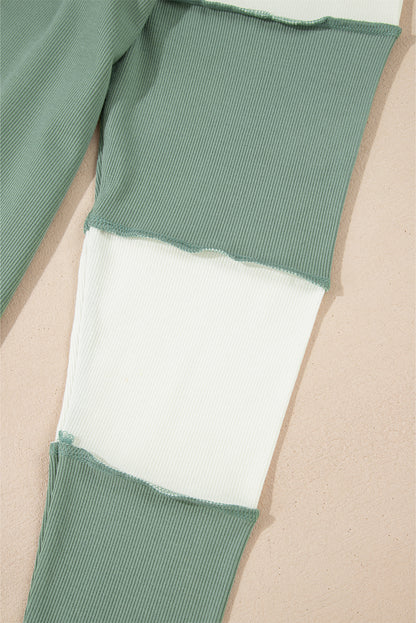 Mint Green Ribbed Colorblock Patchwork Raglan Long Sleeve Women's Top - The Eggy's store
