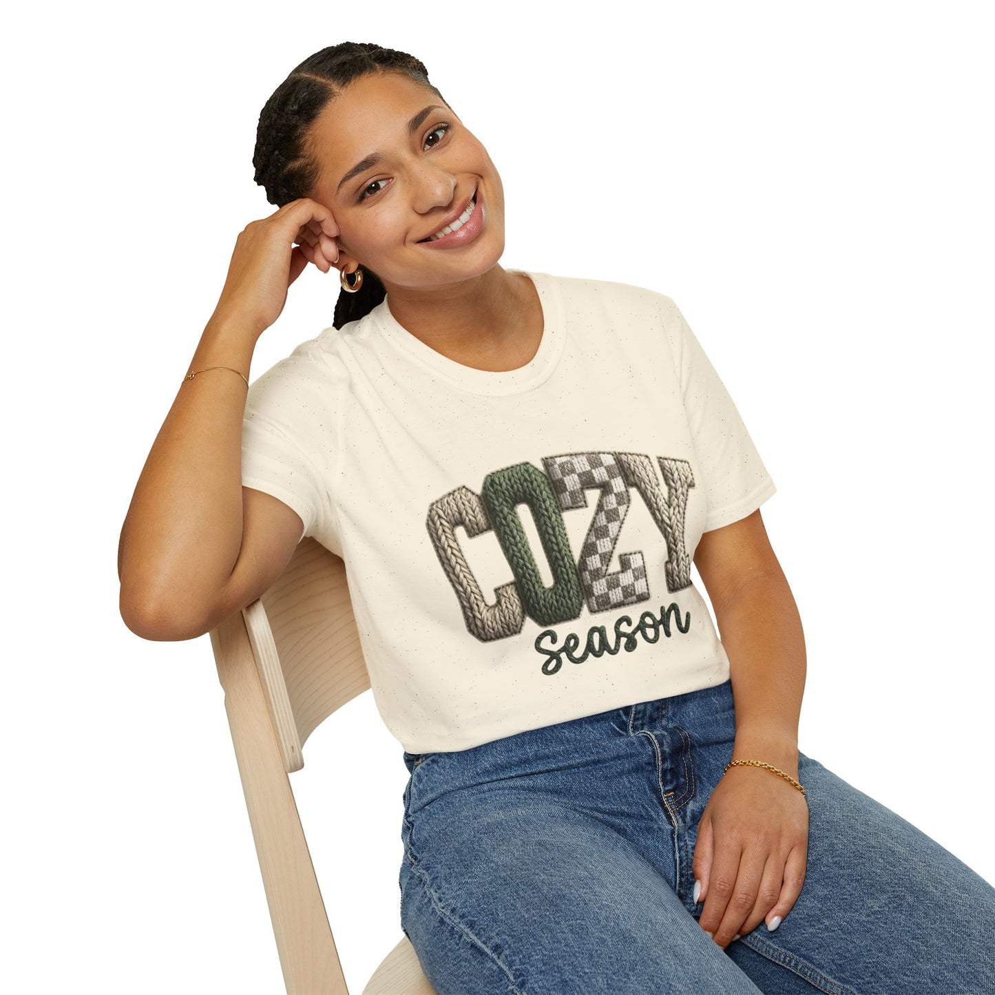 Cozy Season Women's T-Shirt — Plaid Knit Lettering Fall Graphic Tee