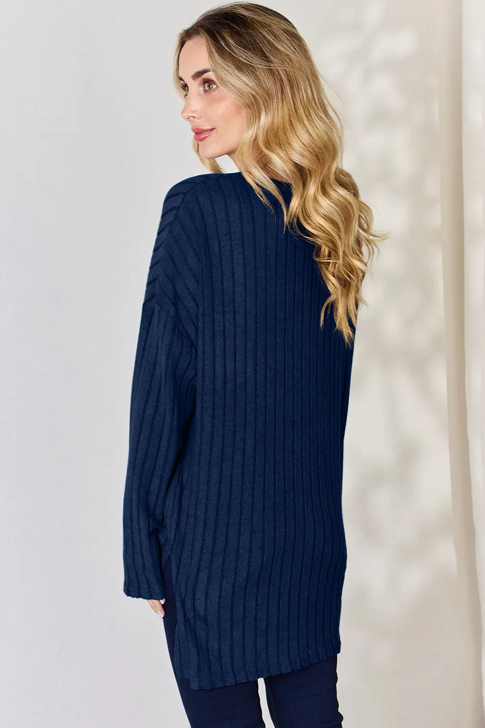 Basic Bae Full Size Ribbed Half Button Long Sleeve High-Low Women's T-Shirt - The Eggy's store