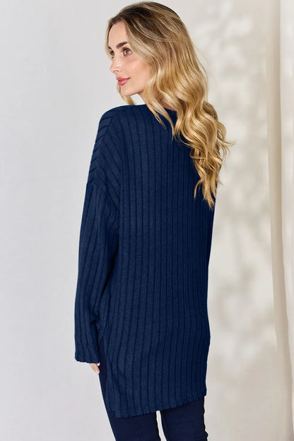 Basic Bae Full Size Ribbed Half Button Long Sleeve High-Low Women's T-Shirt - The Eggy's store