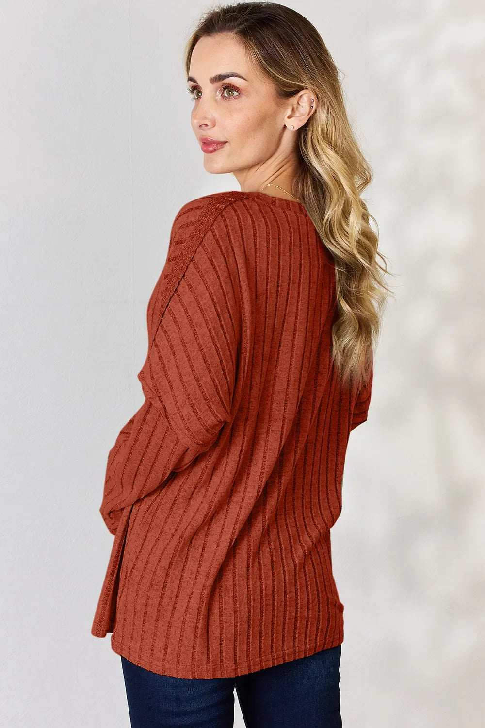 Basic Bae Full Size Ribbed Half Button Long Sleeve Women's T-Shirt - The Eggy's store
