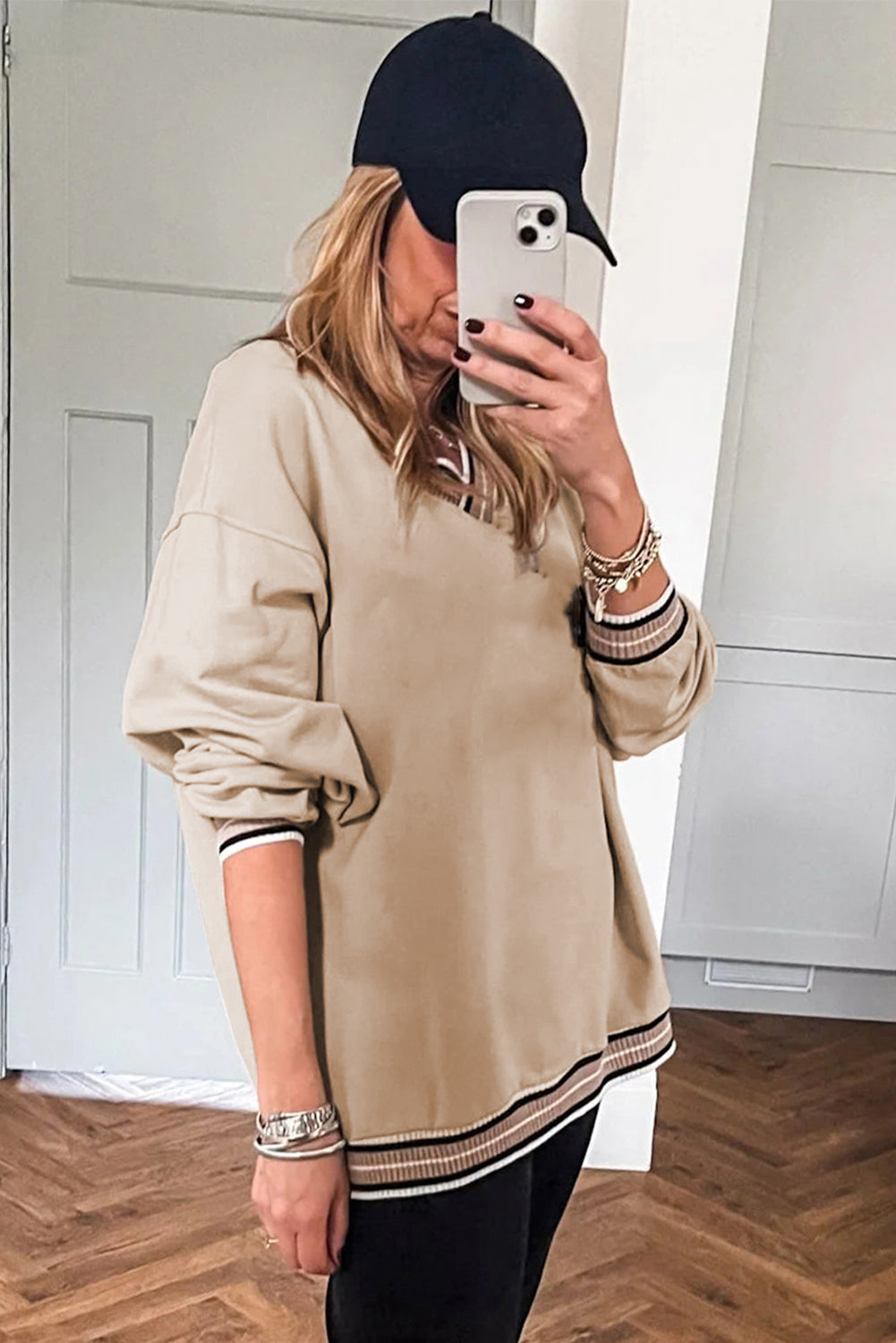 Navy Blue Varsity Contrast Striped Trim V Neck Women's Sweatshirt