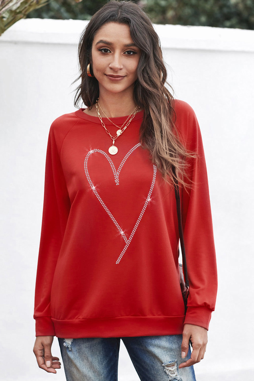 Fiery Red Rhinestone Heart Shaped Long Sleeve Women's Sweatshirt