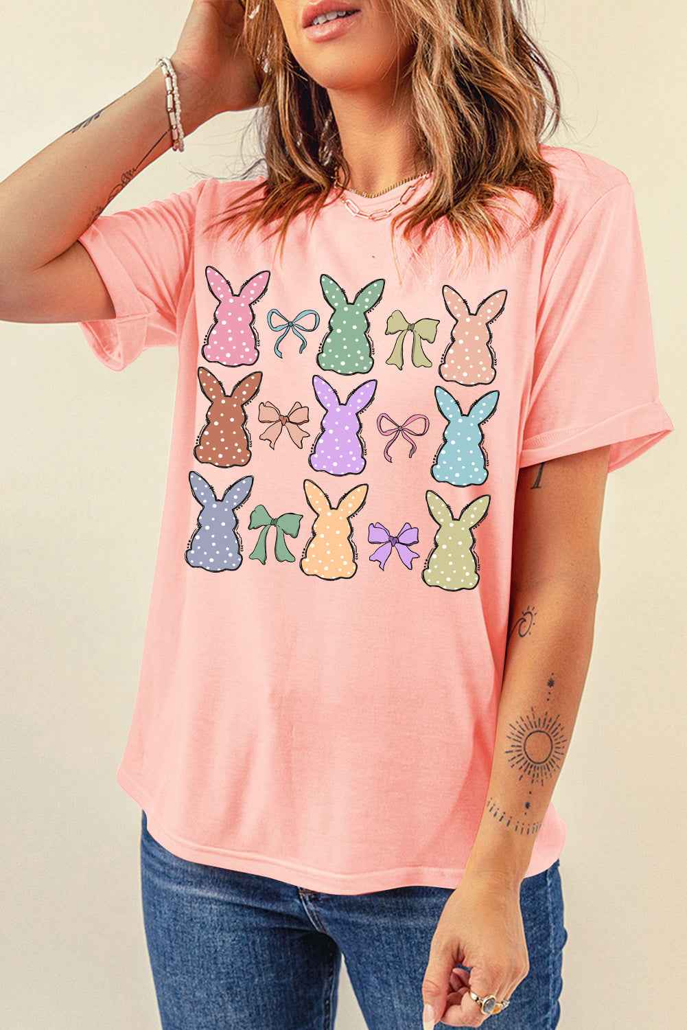 Pink Cute Bunny Bow Graphic Easter Day Fashion T Shirt