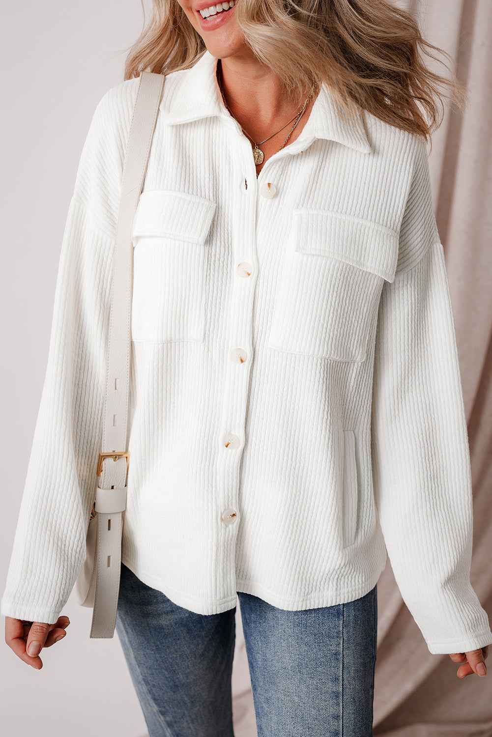 Solid Corduroy Button-Up Long Sleeve Jacket