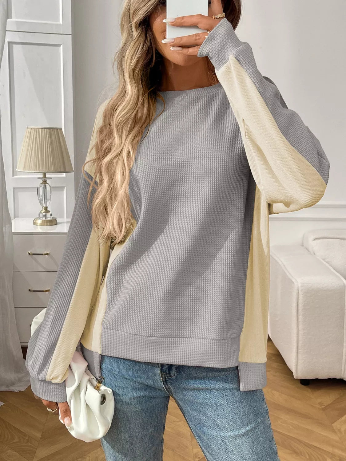 Color Block Waffle Knit Long Sleeve Sweater