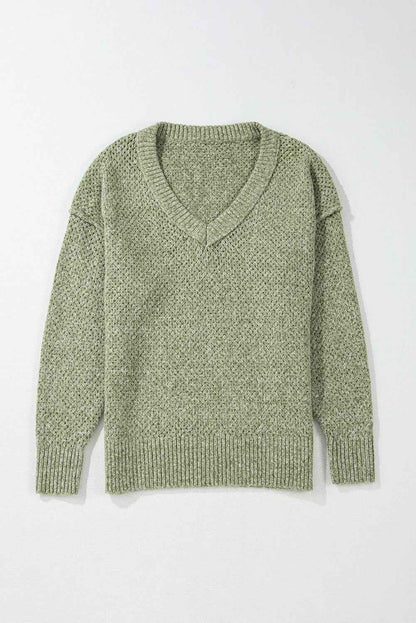 Solid Eyelet V-Neck Drop Shoulder Sweater