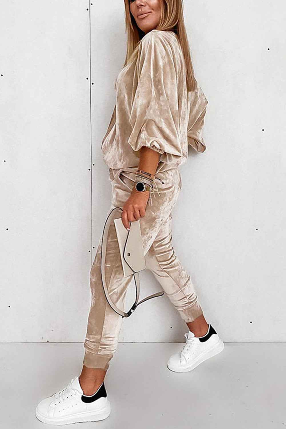 Parchment Velvet Lantern Sleeve Zipped Top & Joggers Pants Set