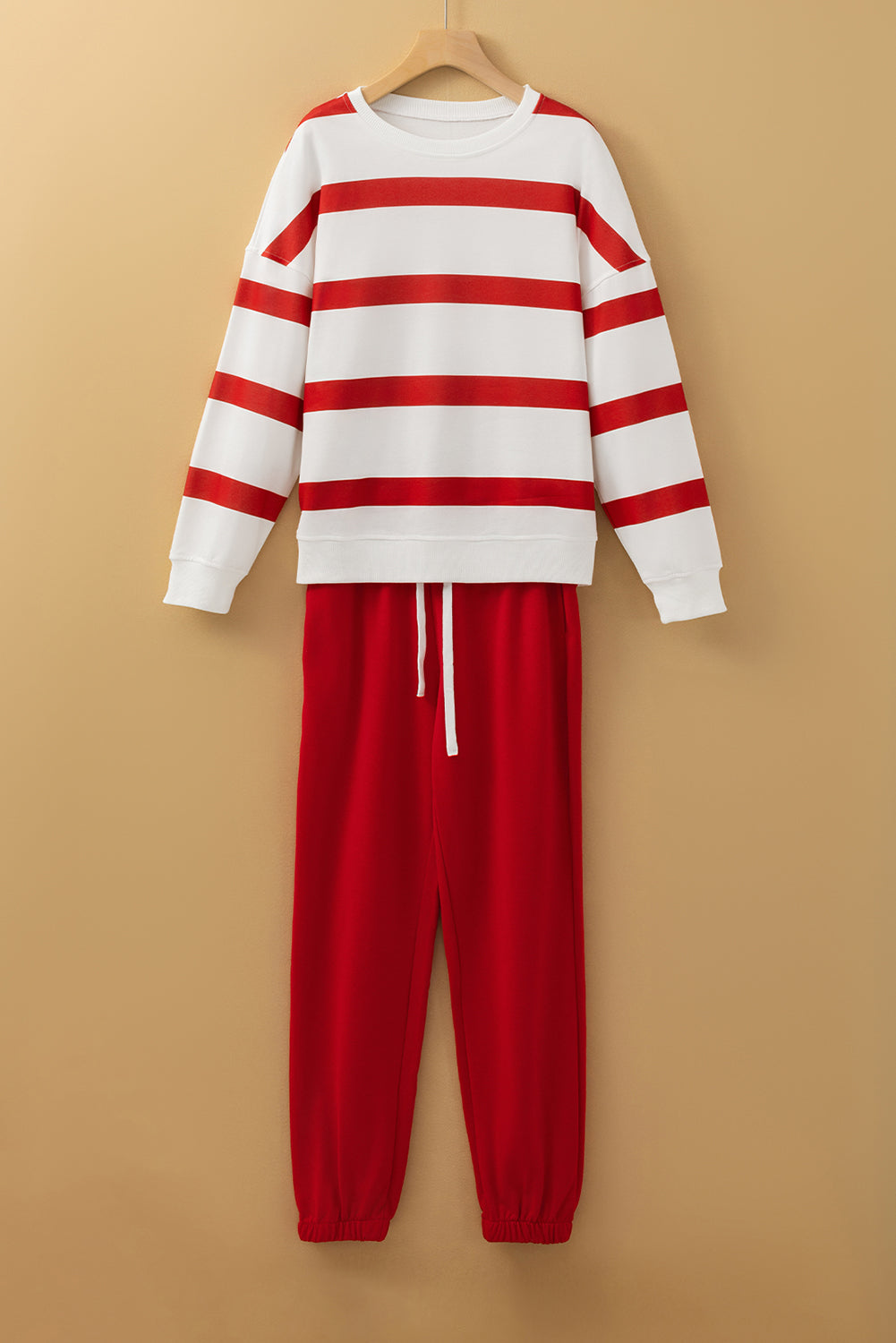 Light French Beige Striped Drop Shoulder Pullover and Joggers Set - The Eggy's store