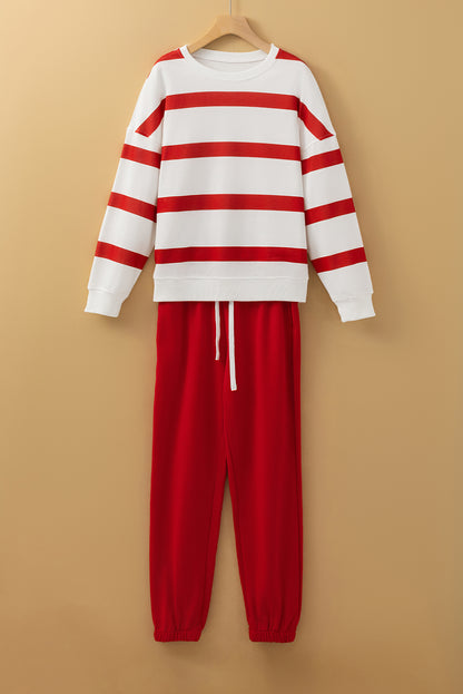 Light French Beige Striped Drop Shoulder Pullover and Joggers Set - The Eggy's store
