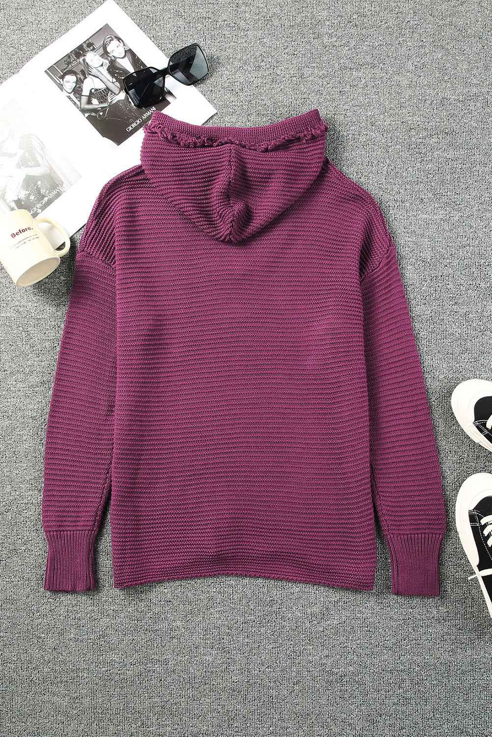 Solid Ribbed Drop Shoulder Hooded V-Neck Sweater