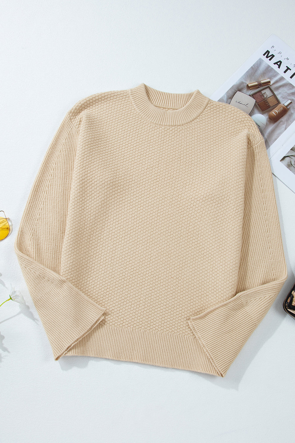 Parchment Knit Women's Top with Solid Textured Design and Split Cuff Drop Shoulder - The Eggy's store