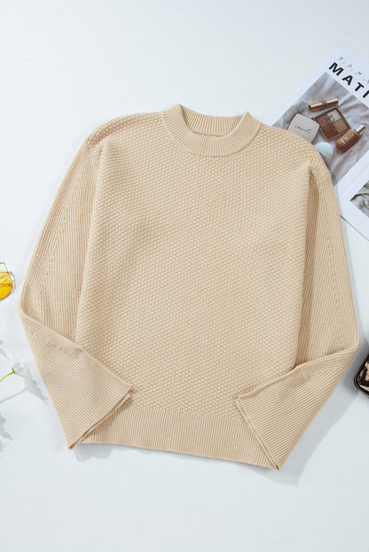 Parchment Knit Women's Top with Solid Textured Design and Split Cuff Drop Shoulder - The Eggy's store