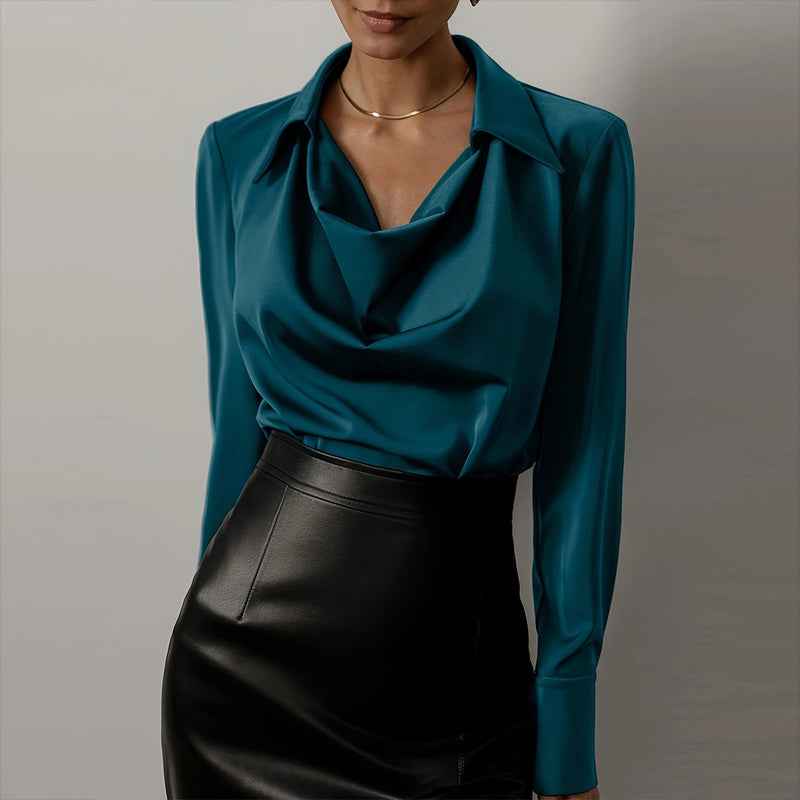 Women's Solid Color Long Sleeve Cowl Neck Blouse With Draped Detail - Elegant Office Formal Shirt For Spring&Fall