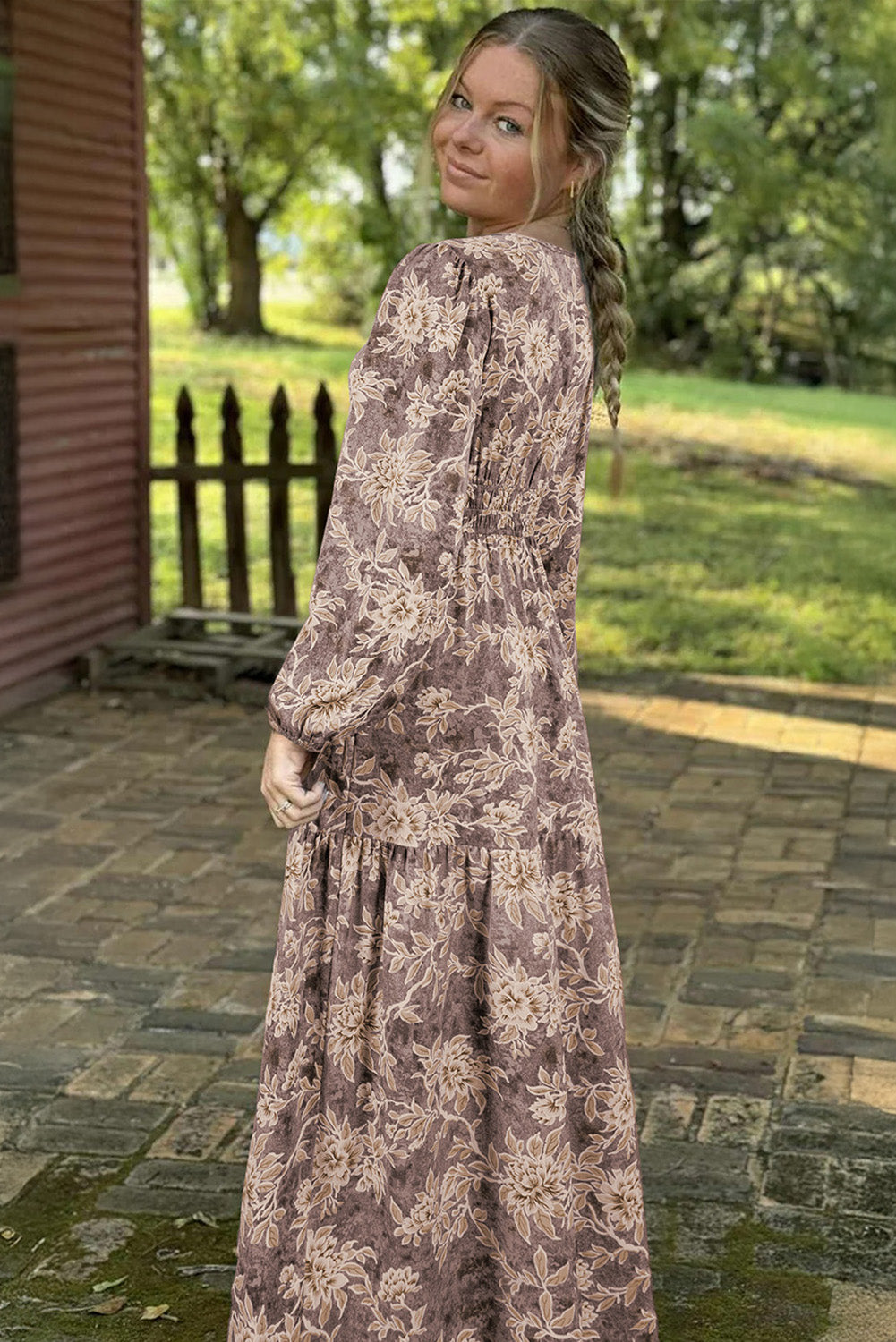 Sky Blue Floral Smocked High Waist Long Sleeve Maxi Dress