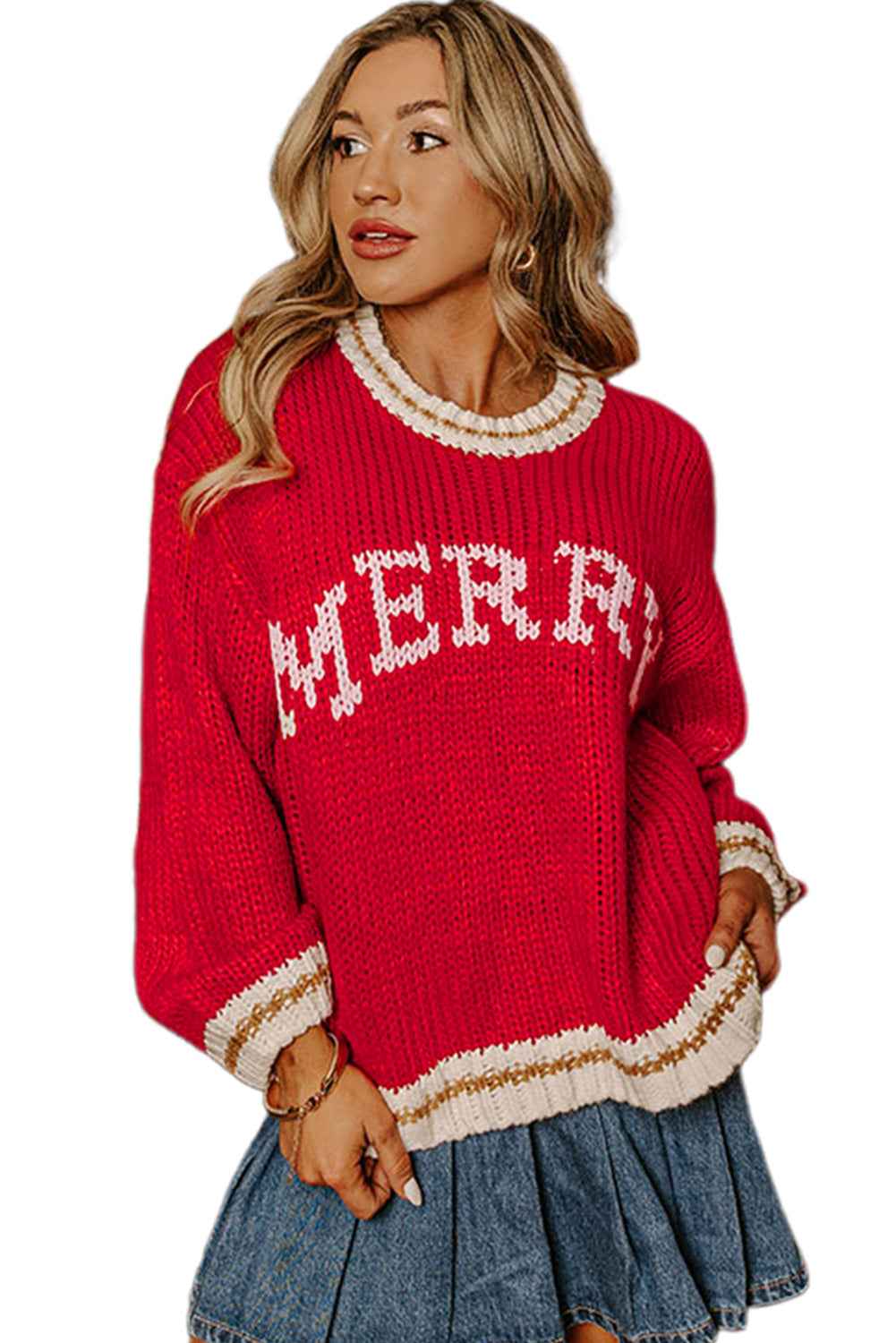 Fiery Red Merry Pattern Colorblock Edge Drop Shoulder Cozy Sweater